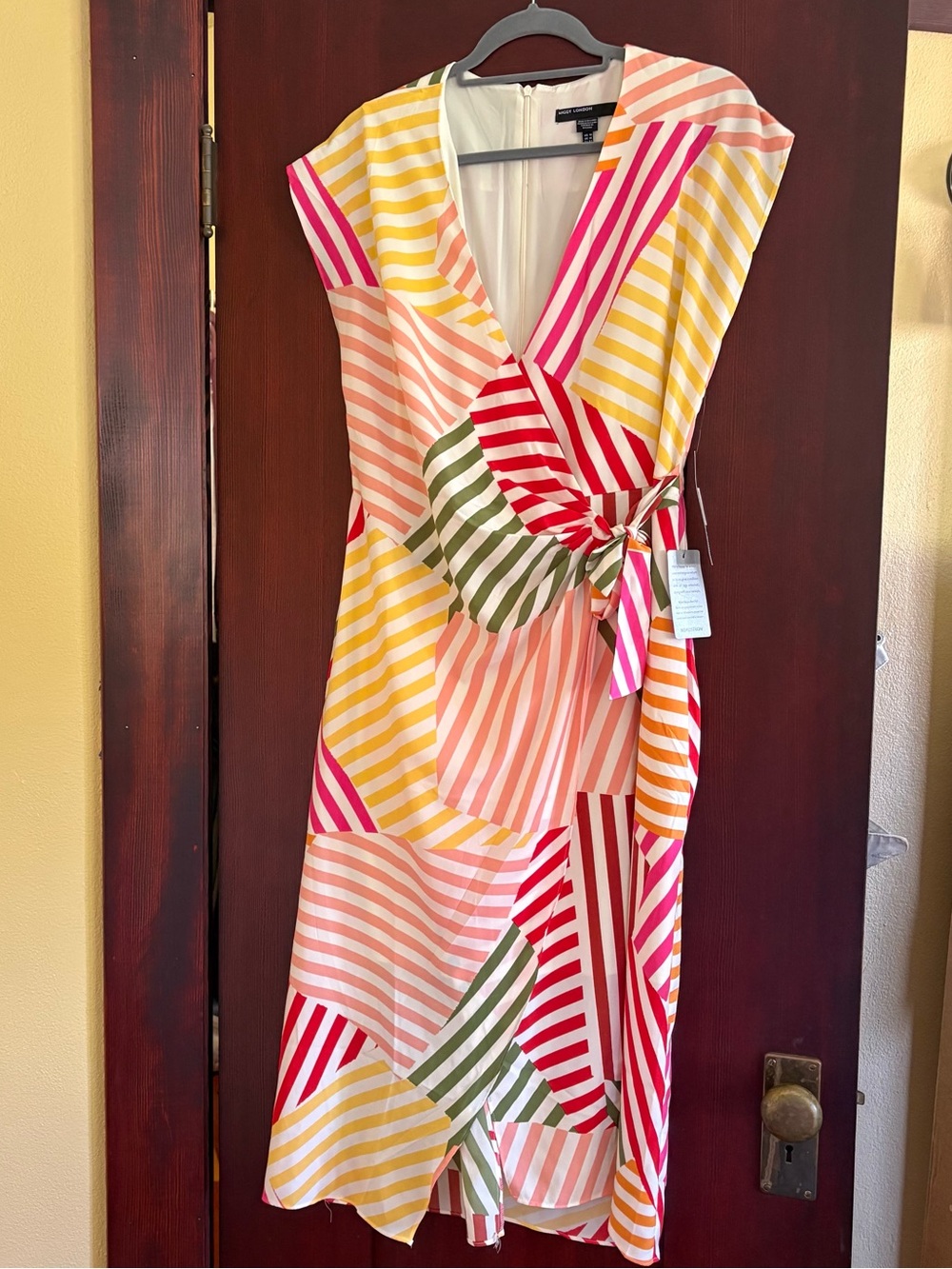 Maggy London Multicolor Striped Wrap Midi Dress - Pink, Yellow, Green, Coral